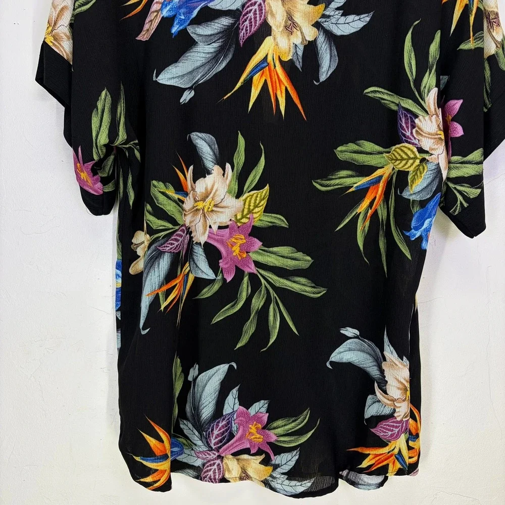 Kona Sol Womens Kimono Cover Up S/M Black Tropical Floral Bird of Paradise Wrap
